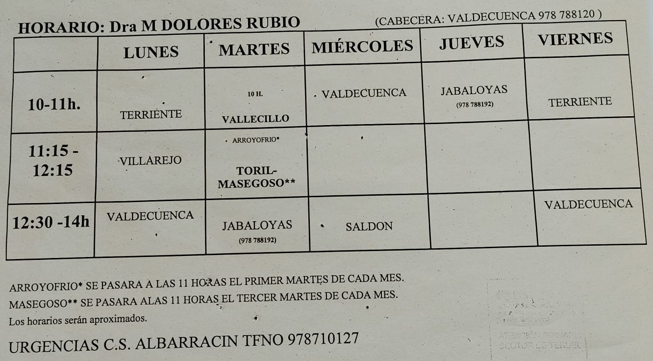 Horarios Dra. Mª Dolores Rubio